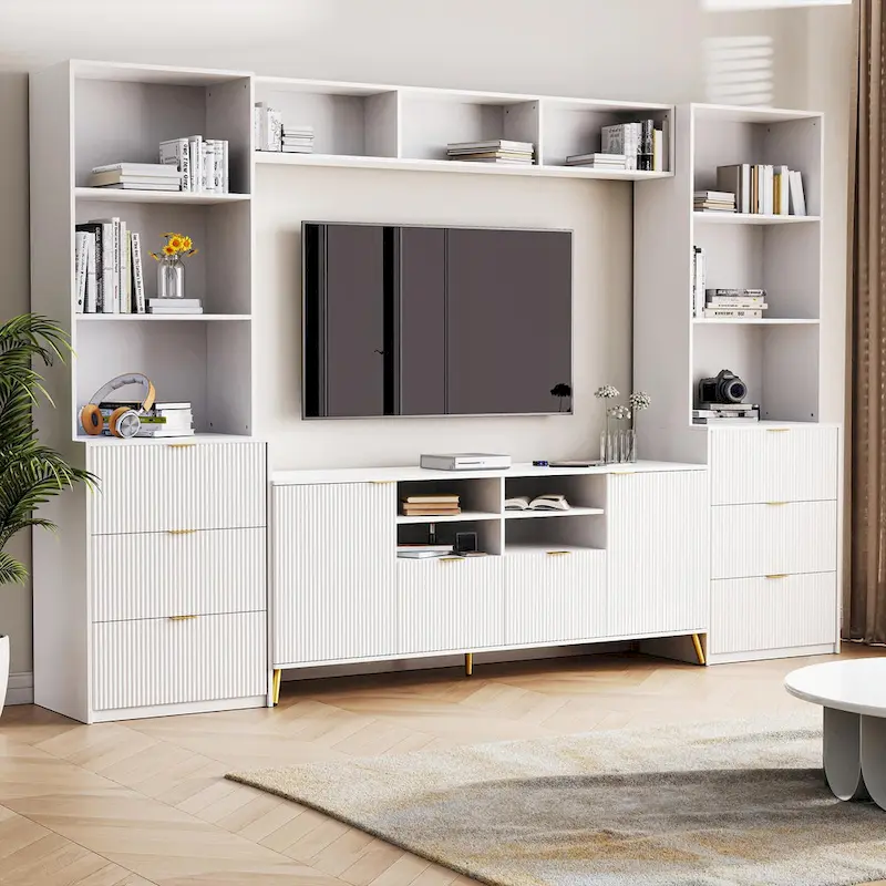 4-Piece Entertainment Wall Unit with 13 Shelves, 8 Drawers, and 2 Cabinets