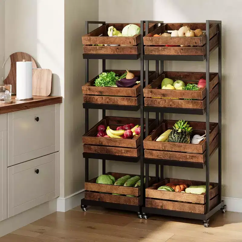4-Tier Wooden Kitchen Cart with Wheels, Mobile Fruit and Vegetable Storage Rack for Pantry or Bedroom