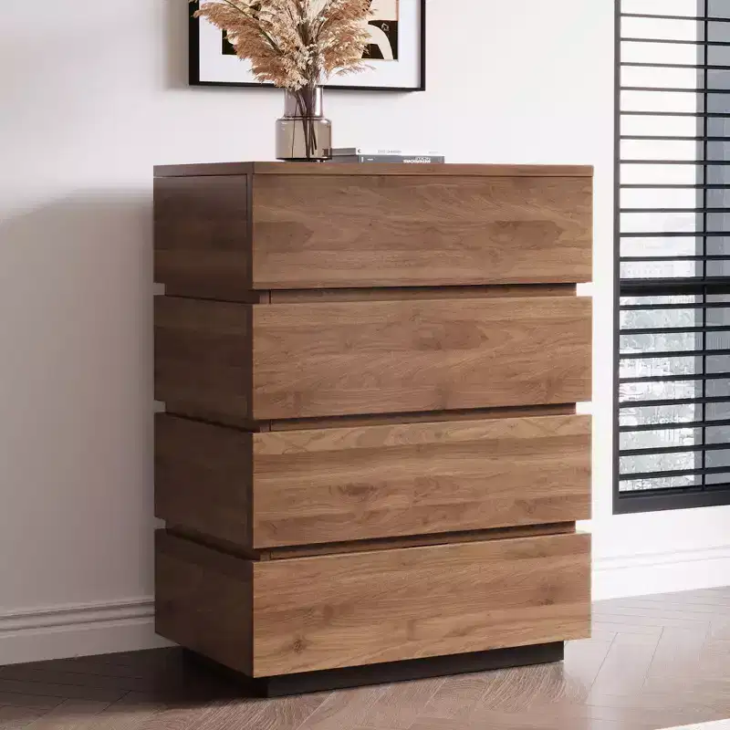 Gaoyangjiaju 32 Modern 4-Drawer Dresser - Vertical Storage Chest with Walnut Wood Finish - Minimalist Handle-less Design for Small Spaces