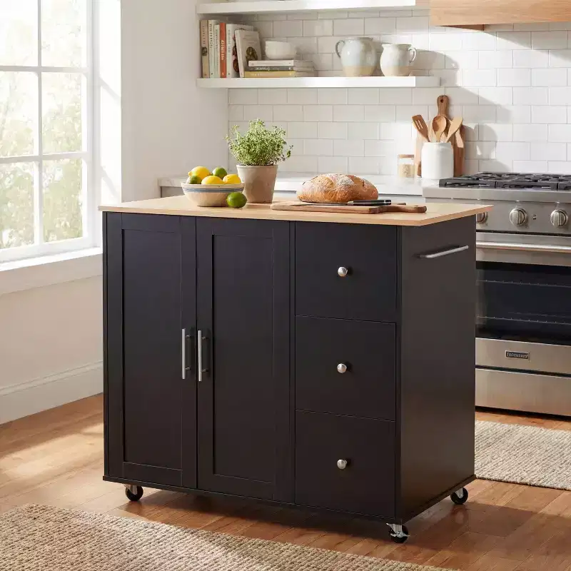 Christopher Knight Home Rulla Rolling Kitchen Cart with Storage and 3 Drawers, Black