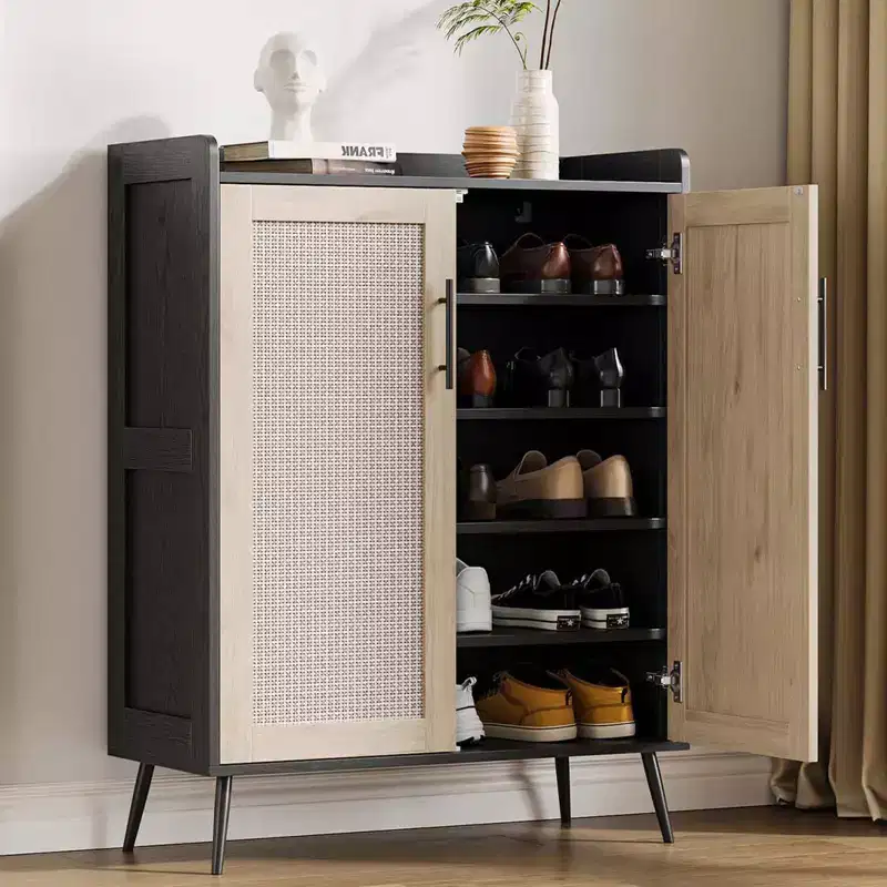 Rattan Shoe Cabinet, 5-Tier Shoe Storage Organizer Cabinet with Adjustable Shelf for Entryway, Freestanding Shoe Rack