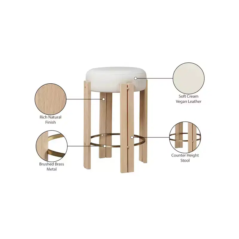 Cream Faux Leather Backless Counter Stool, Brushed Brass Frame, Seats 1