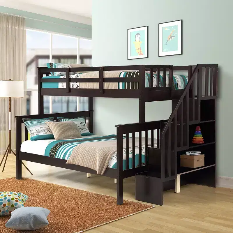 Whisen Twin-Over-Full Bunk Bed & Bed Frame with Stairway, Storage and Guard Rail