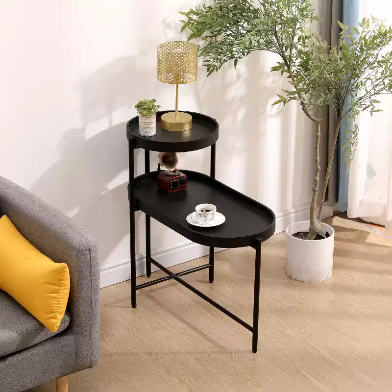 2 Tier Black Storage Side Table Metal Frame and Wooden Top for Living Room