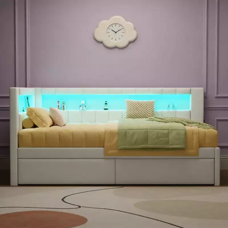 Twin Size Linen Upholstered Platform Bed with 2 Drawers