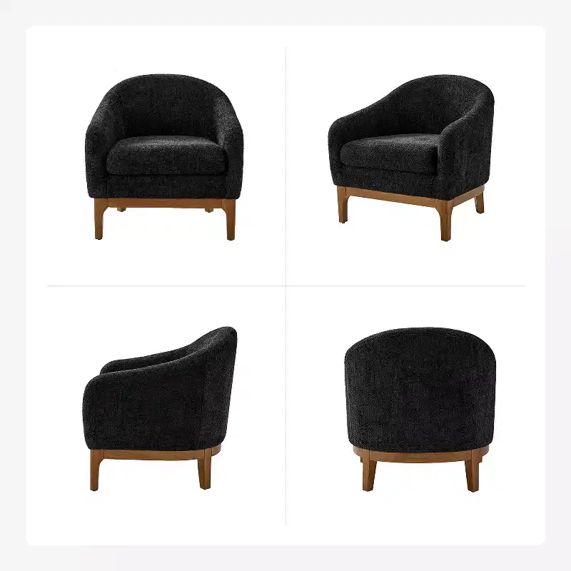 Boucle Barrel Armchair Set of 2 Solid Wood Legs High-Density Foam Dual-Sided Cushion