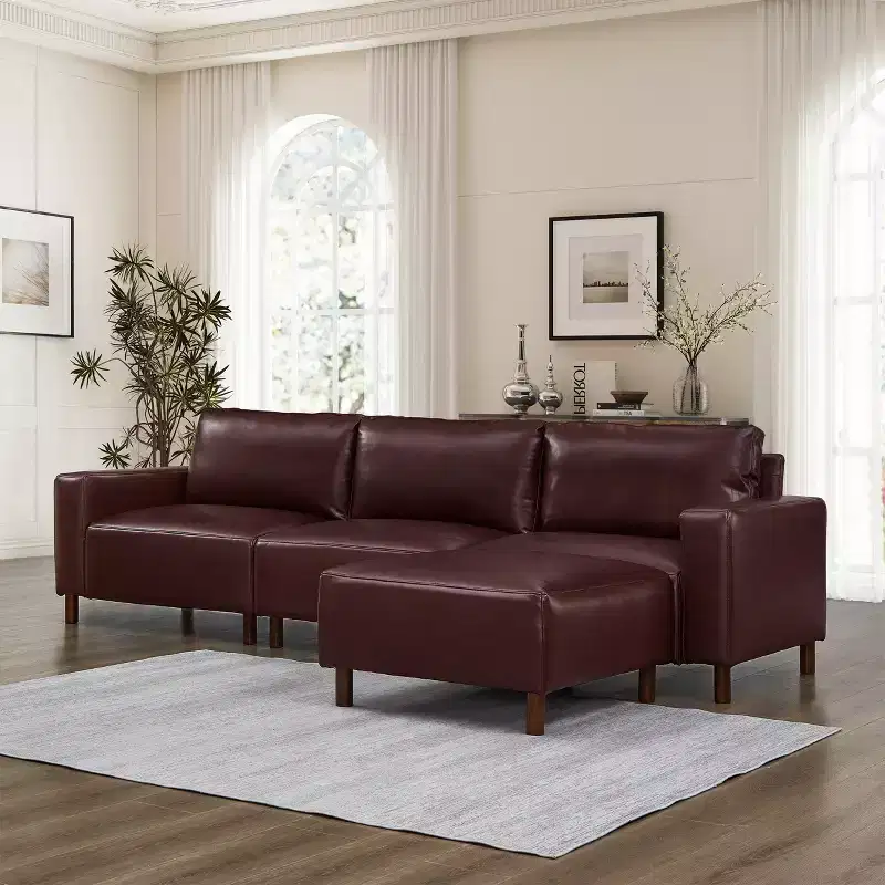 GDFStudio Arvin 112 Modern 3-Seat Faux Leather Upholstered Sectional Sofa with Ottoman