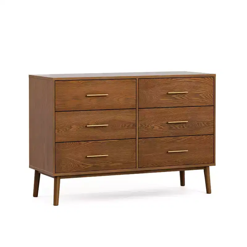 HOMES: Inside + Out Riverstone Mid-Century Modern 6 Drawer Dresser with Anti Tip Interlock System Walnut