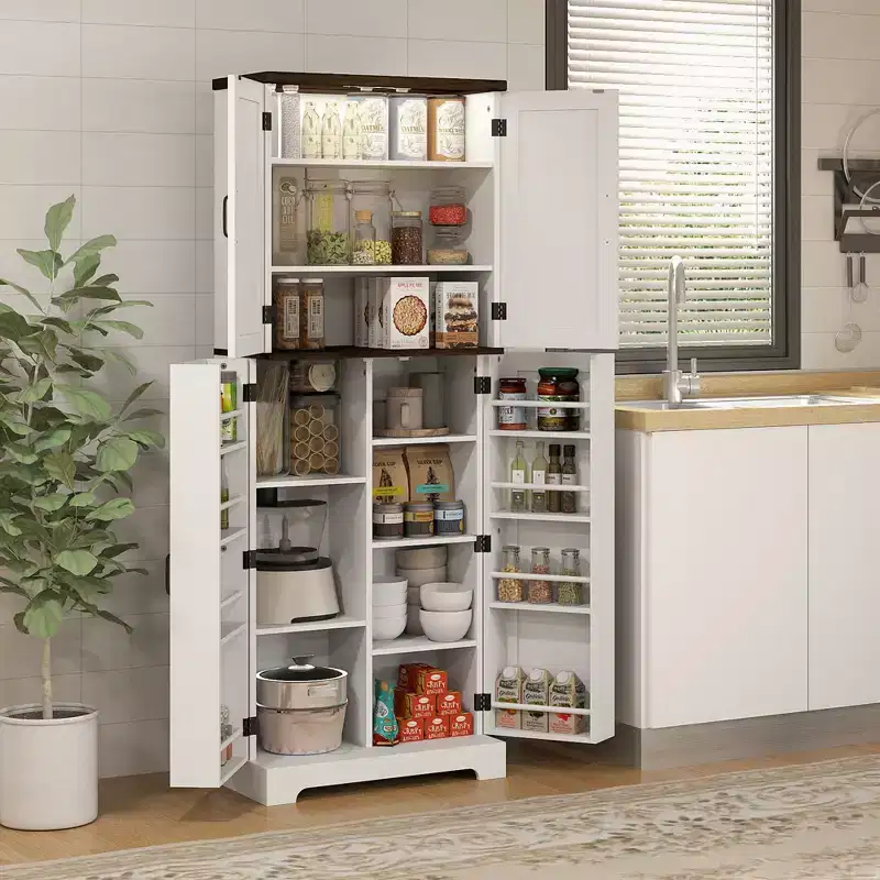 HOMCOM 64 Kitchen Pantry Storage Cabinet with Motion Sensor Light, Spice Racks and Adjustable Shelves, White
