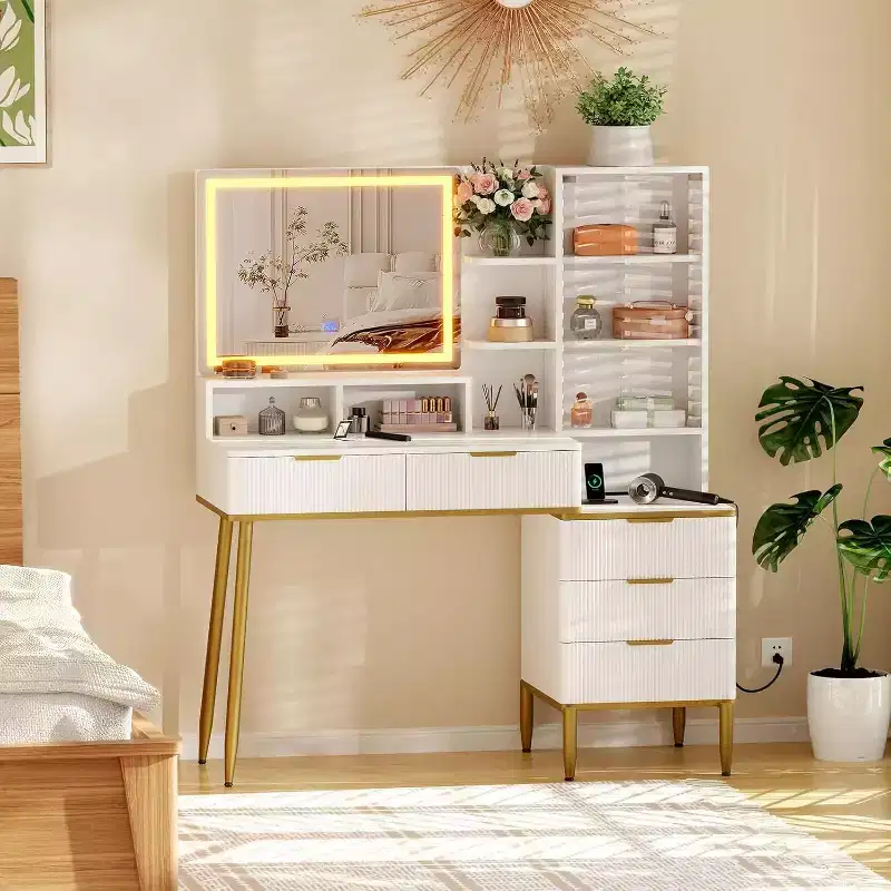Modern Vanity Desk with LED Mirror & Outlets, 5-Drawer Dressing Table with Tempered Glass Top & Storage Shelf for Bedroom, White