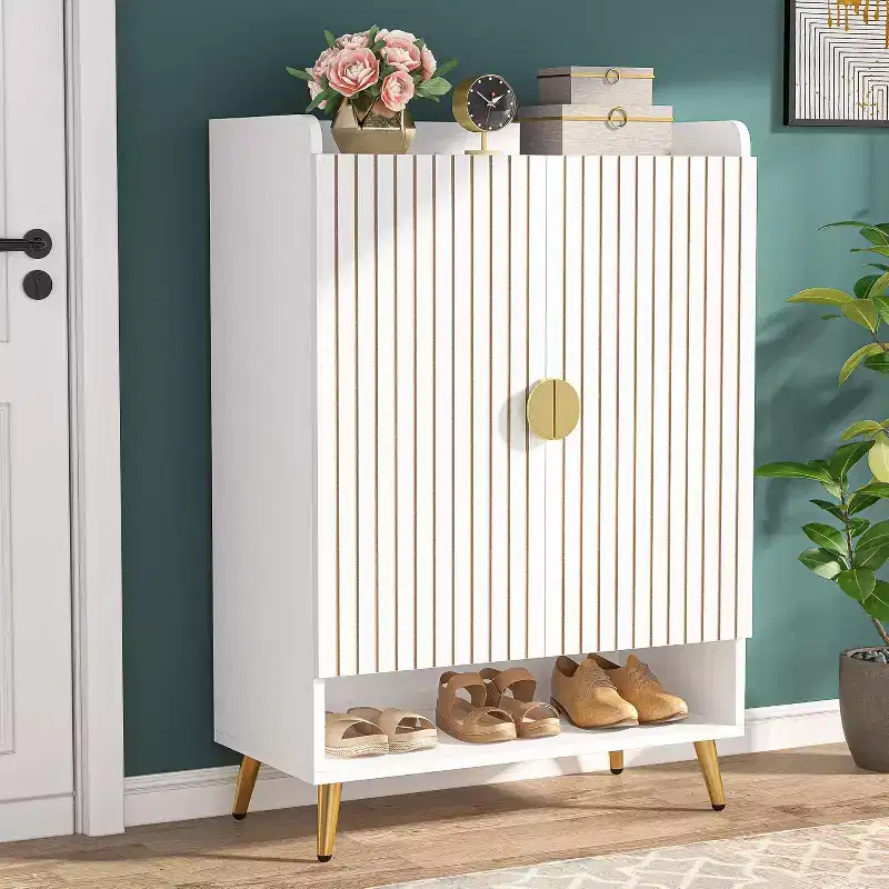 6-Tier Wooden Shoe Cabinet with Doors and Adjustable Shelves, White & Gold, for Entryway or Hallway