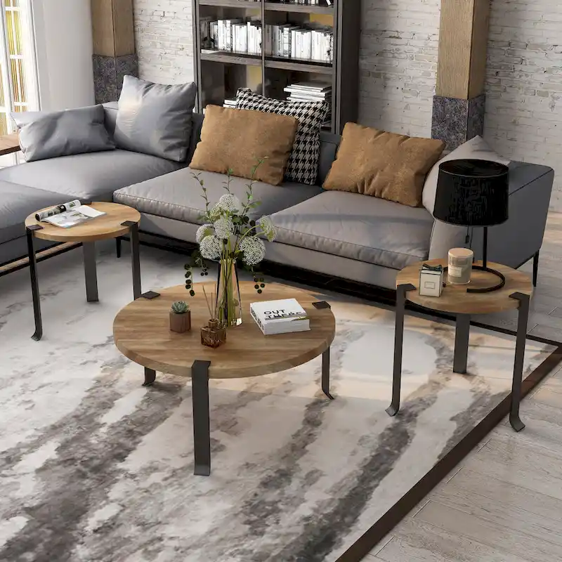 Moril Transitional 41-inch Steel Round 3-Piece Coffee Table and Side Tables Set by Furniture of America