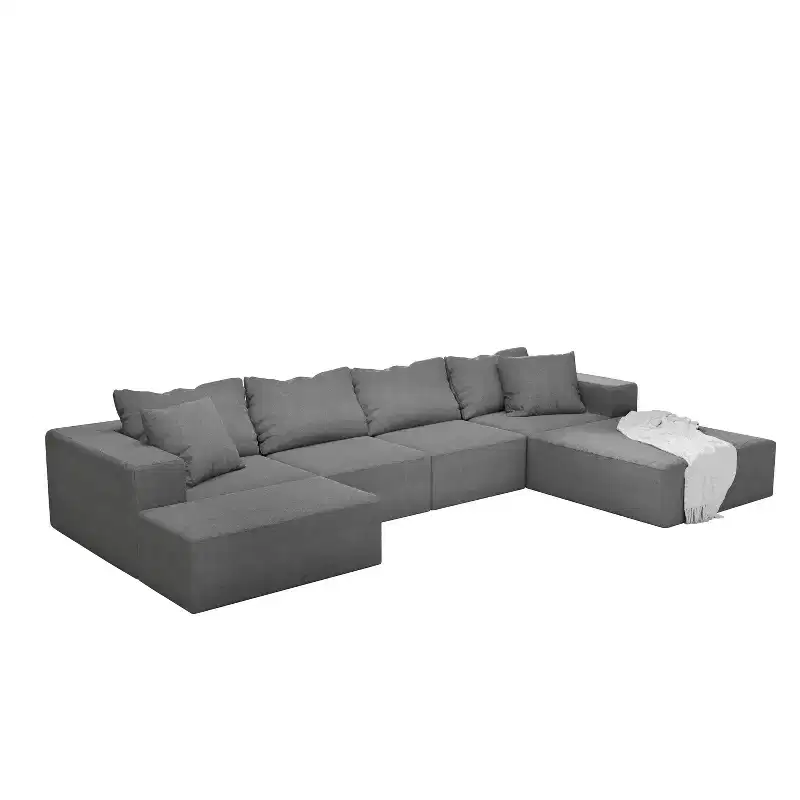 Modern Upholstered Sectional Sofa Couch Set, Modular 132 L-Shaped Sectional Living Room Sofa Set with 6 Cushions