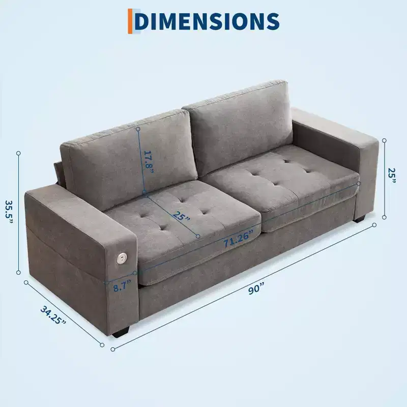 90 Compact Sofa, 2-Seater Gray Chenille Couch with USB/Type-C Ports & Side Pockets, Medium Firm Support