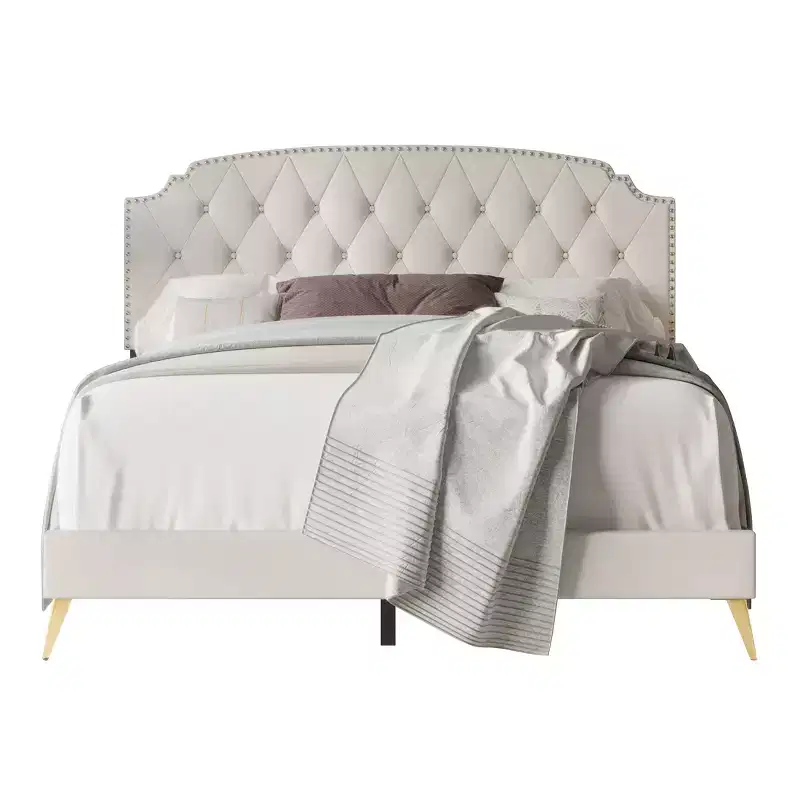 Twin Size Upholstered Platform Bed with Button-Tufted Headboard and Nailhead Trim