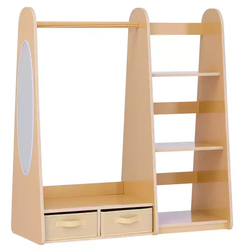 Kids Dress Up Storage with Mirror, Toddler Wardrobe Closet for Little Girls, Armoire with Shelves & Bottom Tray, Natural Wood