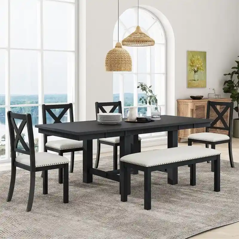 6-Piece Dining Kitchen Table Set, Extendable Wood Dining Table, 4 Upholstered Dining Chairs and Bench, Two 11 Removable Leaf