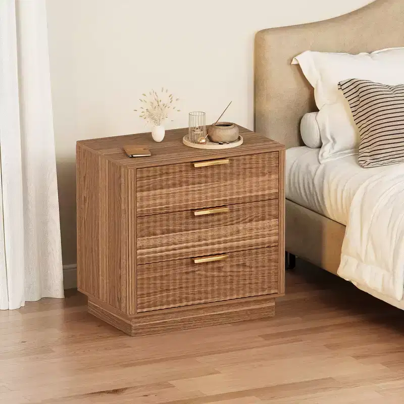 23.6 Wide Fluted Design Nightstand with 3 Large Storage Drawers,Mid Century Modern Wooden Bedside Table with Metal Handles for Bedroom & Living Room