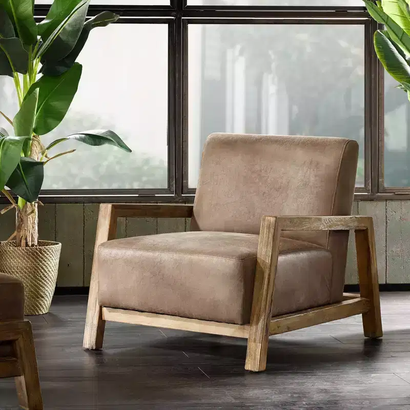 Accent Chair, Taupe and Natural, Solid Wood Arms with Reclaimed Finish and Polyurethane Leather