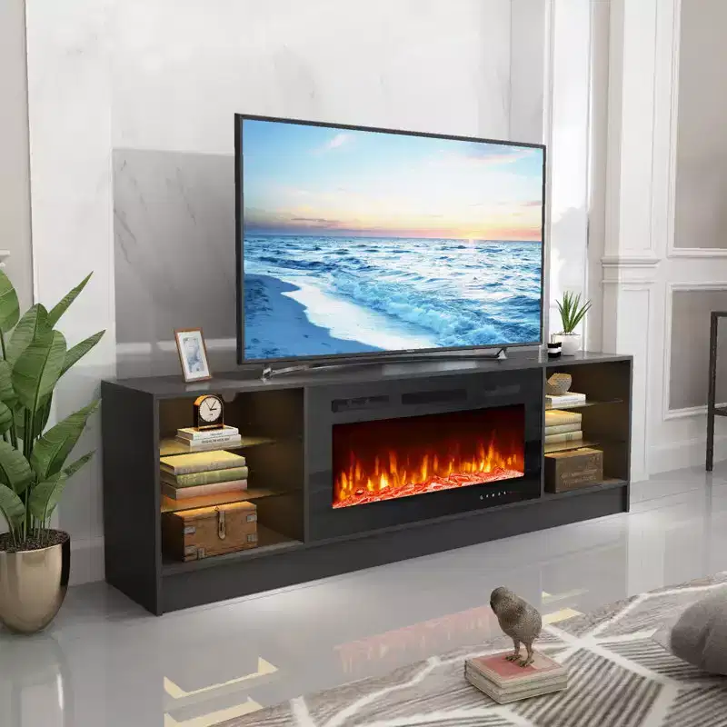 Erommy Fireplace TV Stand with 40 Electric Fireplace, Entertainment Center with Adjustable Glass Shelves, TV Console for TVs up to 79