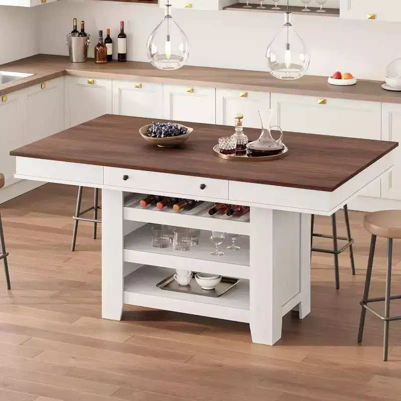 Counter Height Dining Table, 36 Tall, Farmhouse Rectangular Table with Storage, Wine Rack, Drawers, Easy Assembly