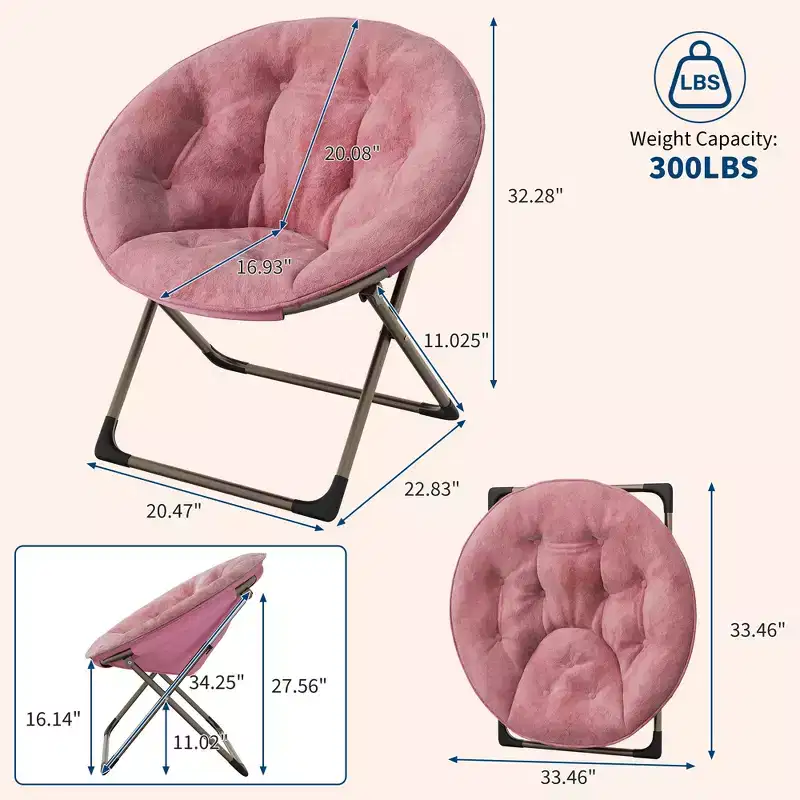 Saucer Chair with Faux Fur, Oversized Plush Foldable Lounge Moon Chair for Adults & Teens, Cozy Accent Seat for Bedroom or Dorm