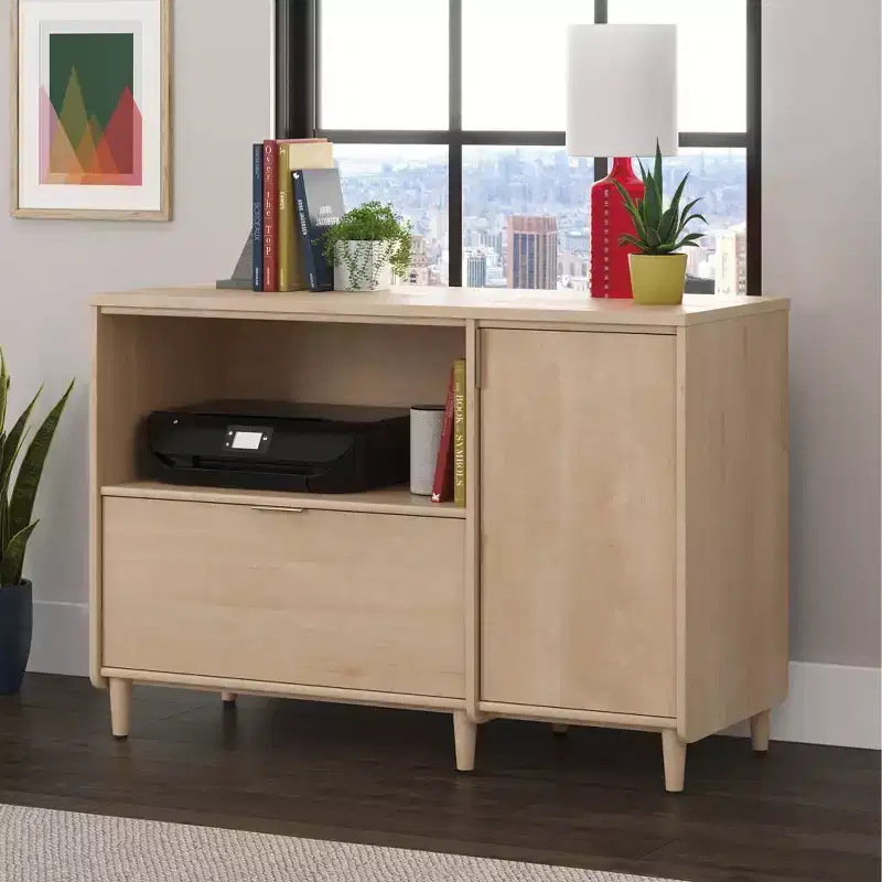 Clifford Place Office Credenza Natural Maple - Sauder: Media Stand with Adjustable Shelf & File Storage