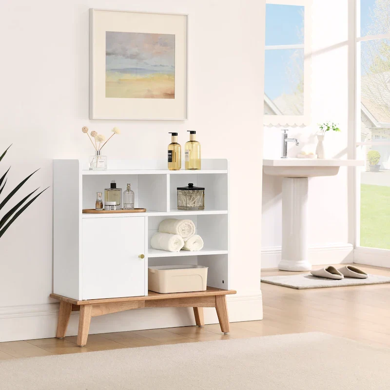 Natural Color-Block Storage Cabinet, Solid Wood Legs, 5-Shelf, Single Assembly