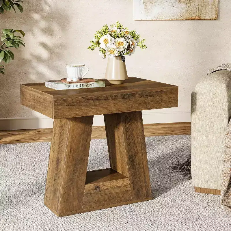 Lantine 24 Wooden Side Table for Living Room, 2-Tier End Table with Trapezoid Base, Small Farmhouse Nightstand for Bedroom