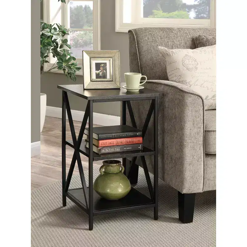 HomeStock Belmont Glass End Table with Shelf, Tempered Glass Sides, Spacious Top and Lower Storage Shelf for Books and Accessories