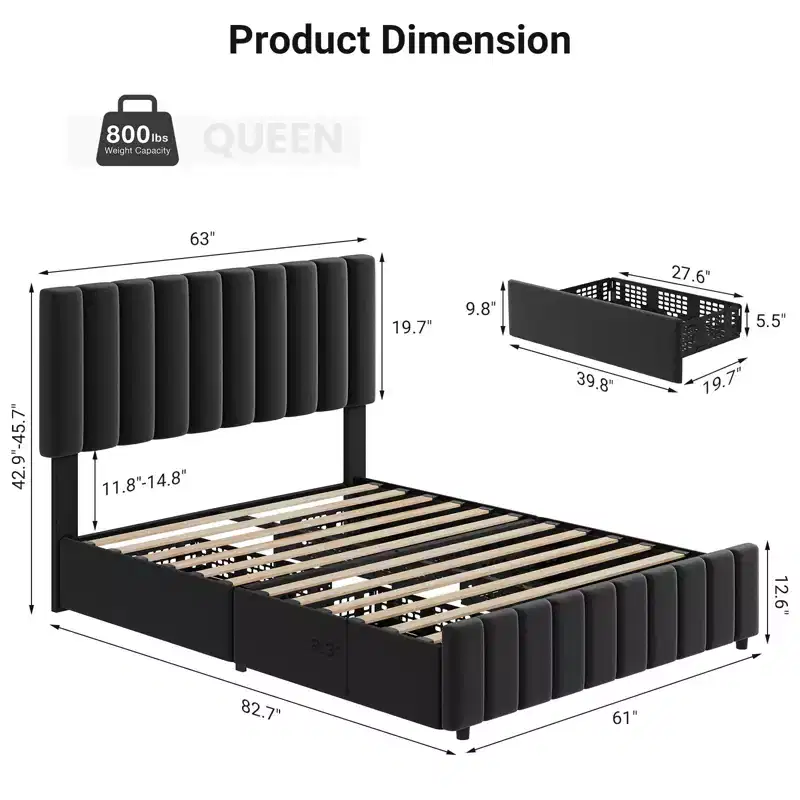 Bed Frame, Linen Quilted Upholstered Platform Bed with Adjustable Headboard & 4 Storage Drawers, Sturdy Wooden Slats Support