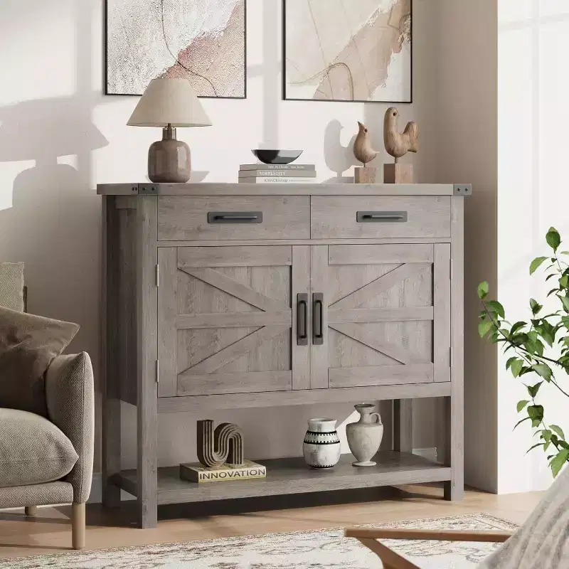 Farmhouse Style Console Table with Storage, 2-Door Cabinet & 2 Drawers, Multi-Functional Buffet Table for Entryway, Kitchen, Living Room