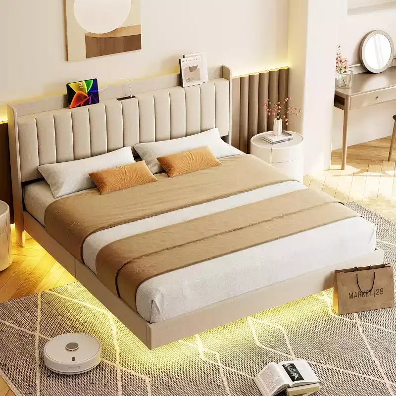 Upholstered Wood Slat Floating Platform Bed with Storage Headboard and LED Lights