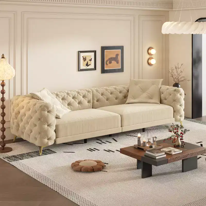 Whisen 97.7 3-in-1 Convertible Sofa Bed, 28.4 Deep Seat with Button Tufted Design, 4-Seater with Ottoman