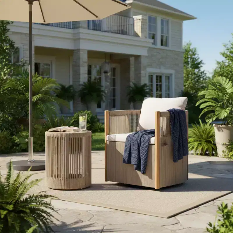 Christopher Knight Home Yamina Modern 2 Piece Outdoor Rope Swivel Chair and Acacia Wood Side Table Set