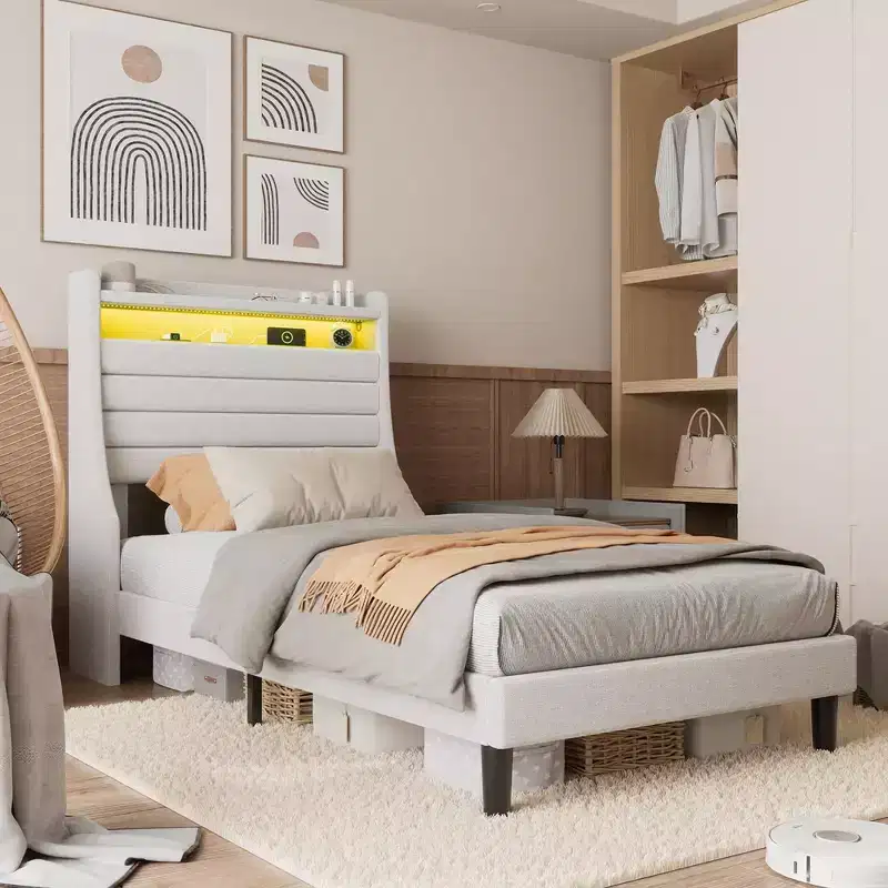 Upholstered Platform Bed Frame with Charging Station, Modern Bed with Linen Headboard, Wood Slats Support