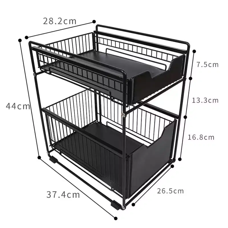 White 2-Tier Pull Out Cabinet Organizer,Heavy Duty Slide Out Pantry Shelves Drawer Storage Fixed with Adhesive Film, Basket for Kitchen Bathroom Home