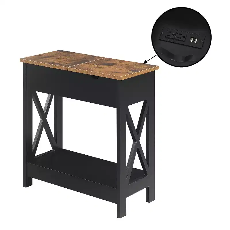 HomeStock Belmont Flip Top End Table with Charging Station and Shelf, Two Tone Finish, Modern Chairside Table with Hidden Storage and Display
