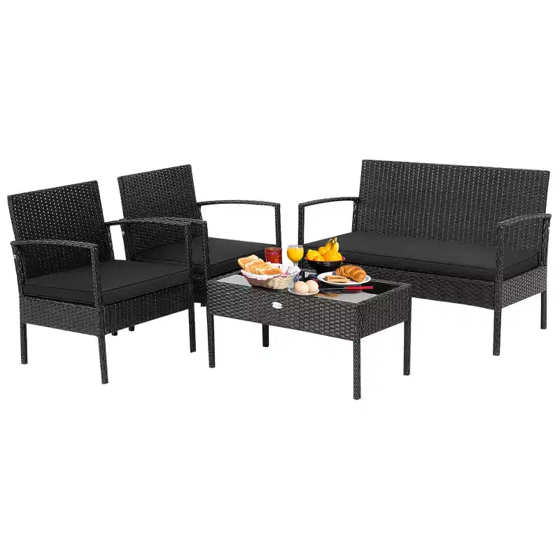 Costway 4 PCS Patio Rattan Furniture Set Cushioned Sofa Armrest Garden Black