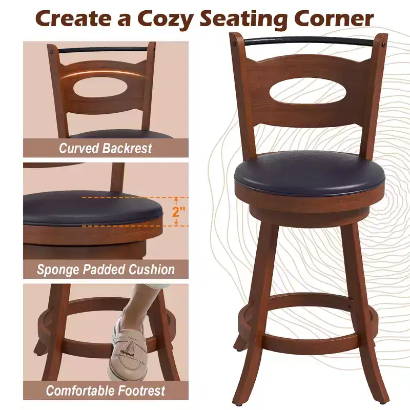 Costway Set of 2 Bar Stools 360 Swivel Dining Chairs Solid Rubber Wood Leather Padded Seat Counter Height