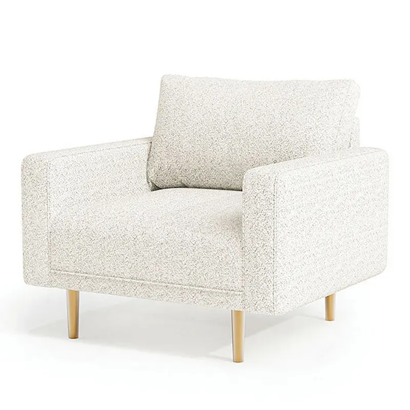 Off White Boucle Bench Seat Accent Chair with Track Arms and Brown Wood Legs for 1 Person