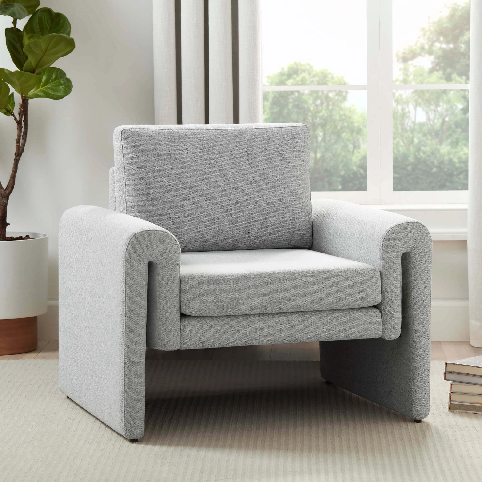 Minimalist Light Grey Fabric Accent Chair with Sleek Lines for Living Room