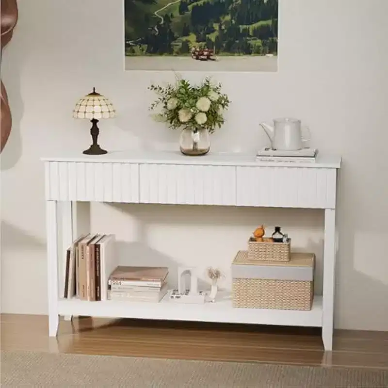 VINGLI Wavy Entryway Table with Drawers, 51 Console Table with Storage Shelf, Narrow Sofa Table, Entry Table for Living Room, Hallway, White