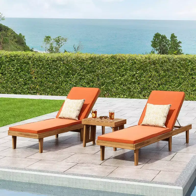 Nadine 3pc Outdoor Acacia Wood Chaise Lounge Set with Cushions - Teak/Orange - Christopher Knight Home