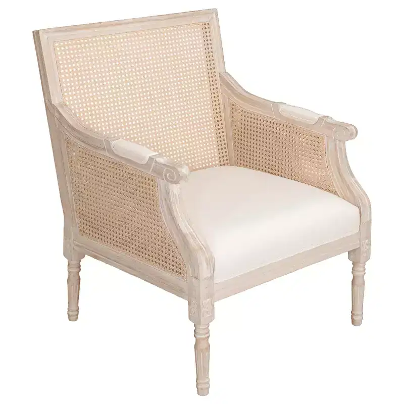 GDFStudio Bertie Rattan and Rubberwood Upholstered French Accent Chair
