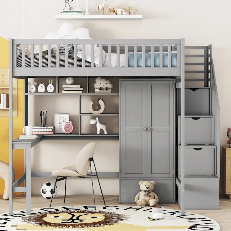 Full Loft Beds Stairway Loft Bed Frame with Wardrobe, Desk, Bookshelf and Drawers