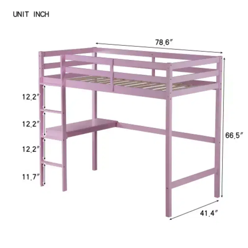 Twin High Loft Bed with Safety Guardrail & Integrated Desk, Solid Rubberwood, 66.5
