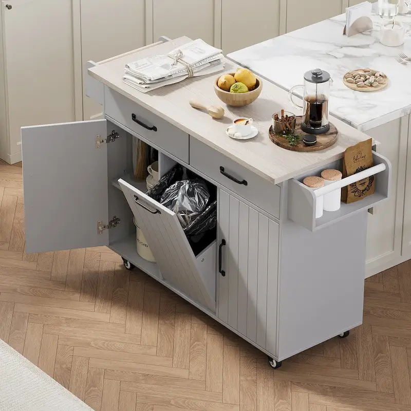 51 in. W Rolling Kitchen Island Cart with Drop Leaf and Tilt-out Trash Can