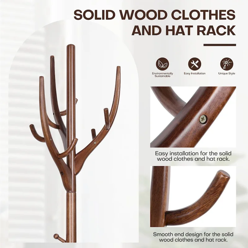 Adjustable Tree-branch Coat Rack Freestanding, Rubberwood Coat Tree - 16.54Dia. x 71.65H