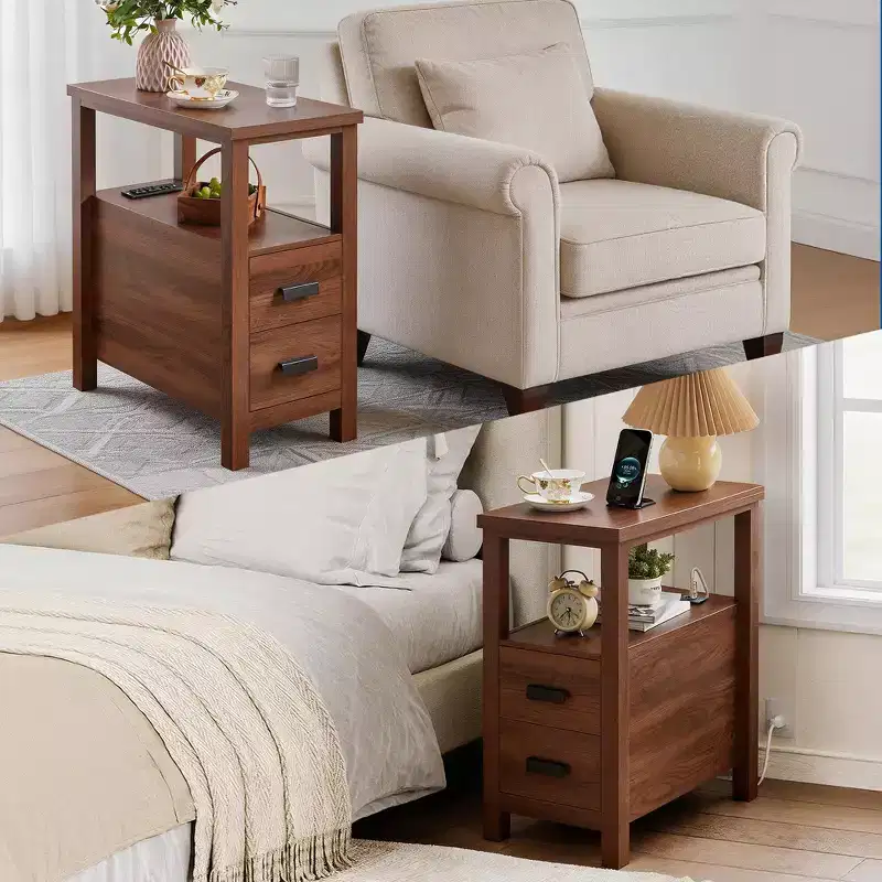This End Table with Charging Station,Side Tables with USB Ports & Outlets,Side Table with 2 Drawers, Small Wood Bedside Table, Small Rustic Side.
